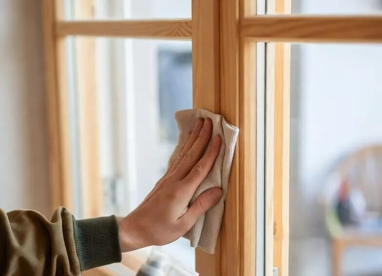 Une personne effectue l'entretien châssis bois en nettoyant un cadre de fenêtre en bois à l'aide d'un chiffon et d'un flacon pulvérisateur, en essuyant soigneusement le bois clair.