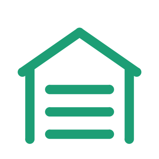 Icône verte simple d'un garage, montrant un contour en forme de maison avec trois lignes horizontales à l'intérieur représentant une porte de garage. L'arrière-plan est gris clair.