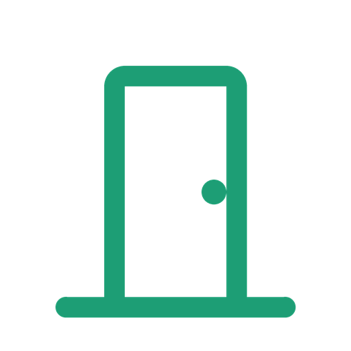 Icône verte simple d'une porte debout, avec une poignée de porte ronde, sur fond blanc.