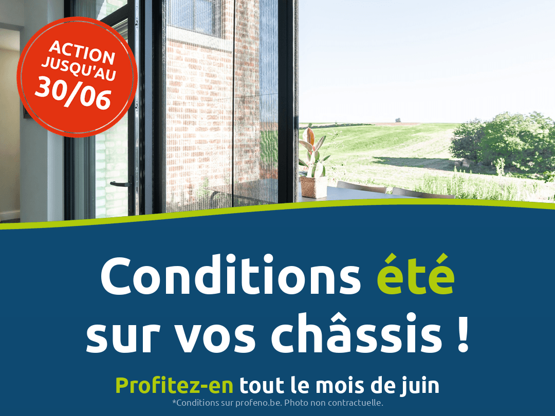 Les portes-fenêtres ouvertes révèlent un paysage ensoleillé et verdoyant. Le texte en français se lit comme suit : "Conditions été sur vos châssis ! Profitez-en tout le mois de juin." Un cercle rouge indique "Action jusqu'au 30/06.".